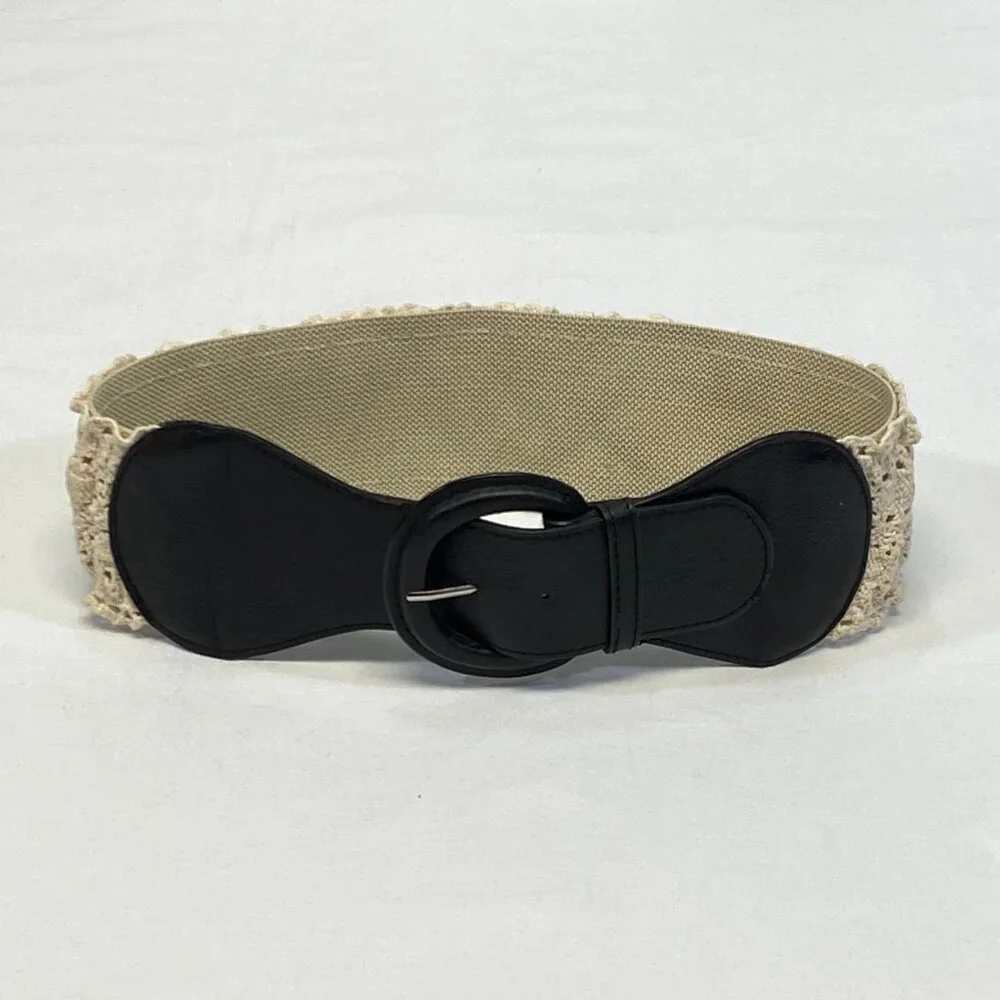 Wide Natural Crochet Stretch Lace Belt Faux Black Leather Buckle S Statement Y2K